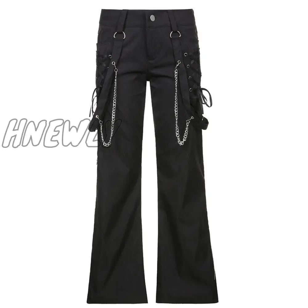 Hnewly Cyber Y2K Harujuku Baggy Pants 2000S Dark Academia Clothes Chain Zipper Split Black High
