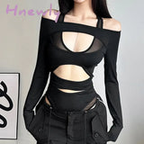 Hnewly Cyber Y2k Punk Hollow Out Sexy Bodysuits Mall Gothic Bodycon Mesh Sheer T-shirts Women Long Sleeve Patchwork Bodysuit