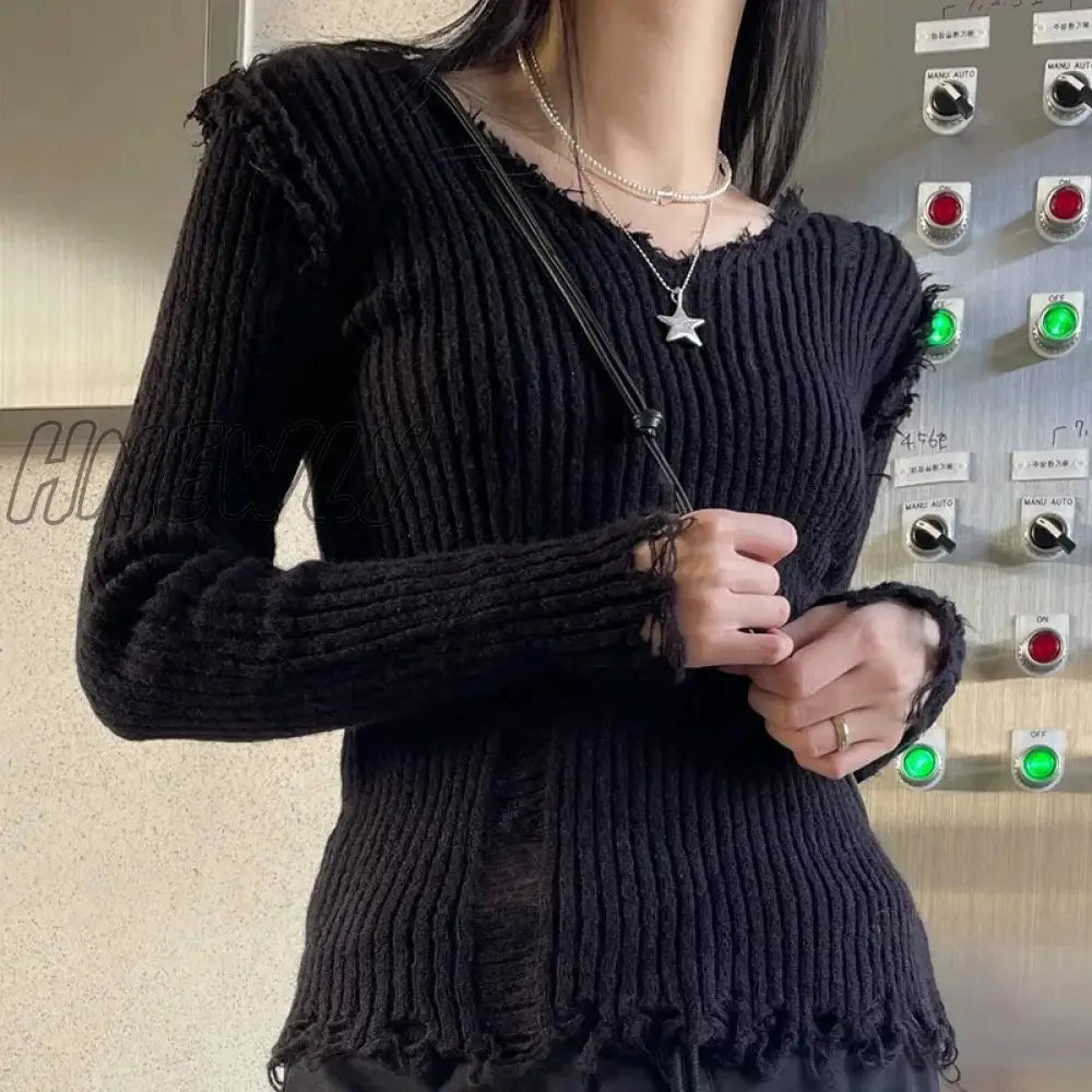 Hnewly Dark Academia Ripped Out Sweaters 90S Vintage Grunge Y2K Mall Goth Jumpers Korean Harajuku