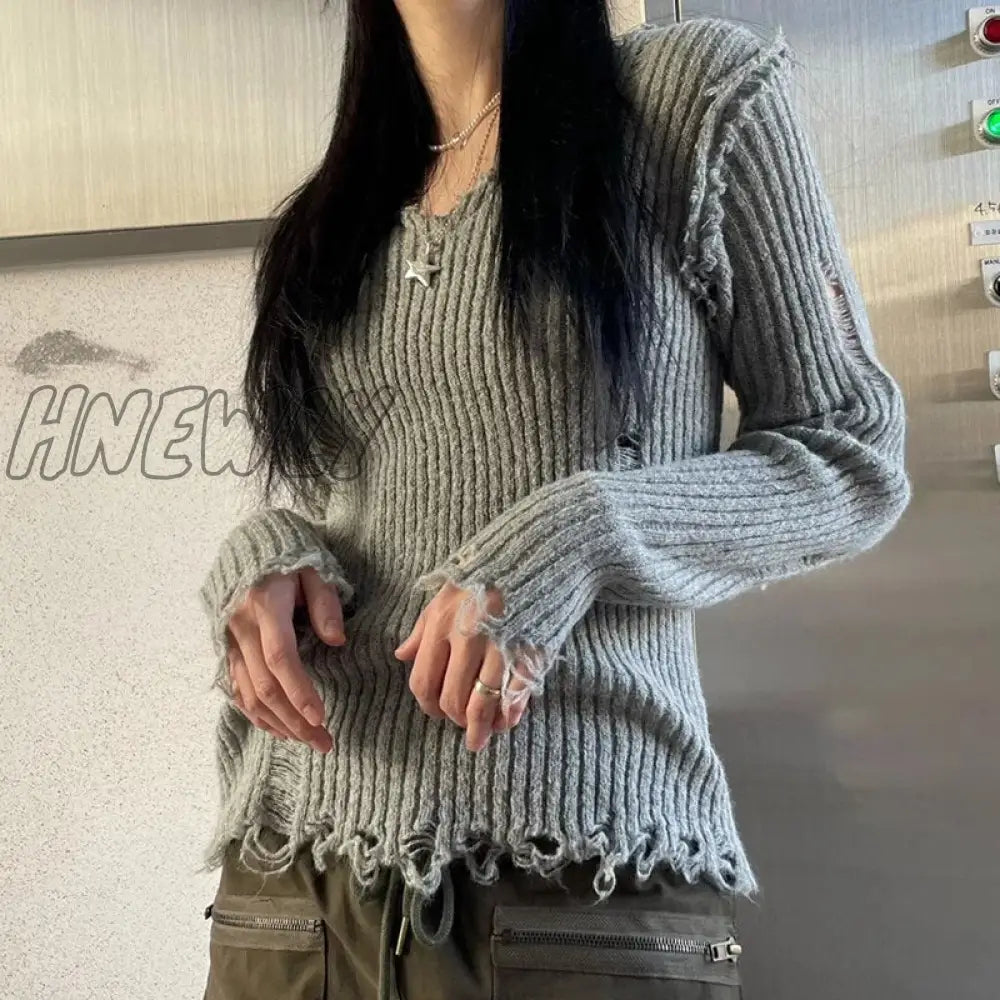 Hnewly Dark Academia Ripped Out Sweaters 90S Vintage Grunge Y2K Mall Goth Jumpers Korean Harajuku