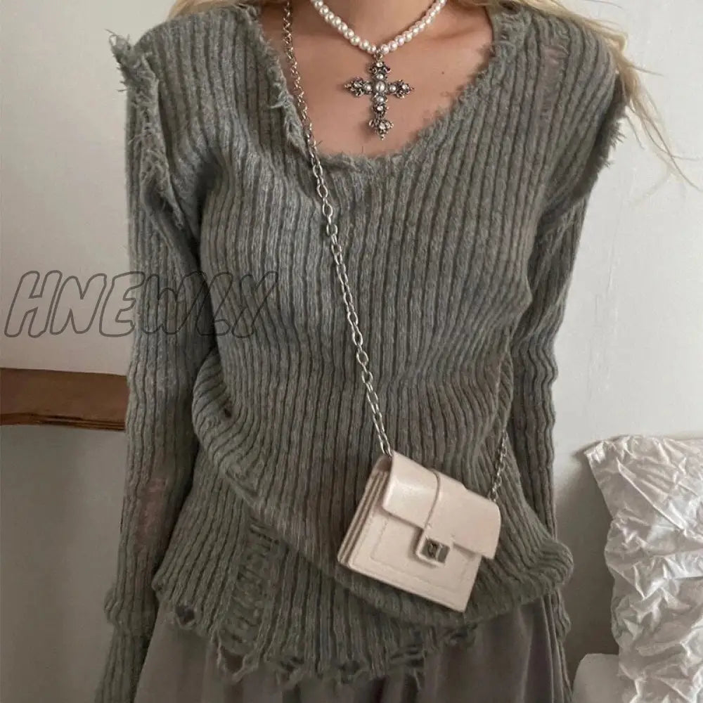 Hnewly Dark Academia Ripped Out Sweaters 90S Vintage Grunge Y2K Mall Goth Jumpers Korean Harajuku