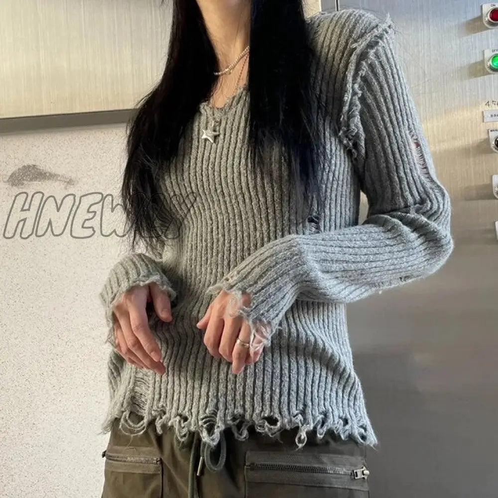 Hnewly Dark Academia Ripped Out Sweaters 90S Vintage Grunge Y2K Mall Goth Jumpers Korean Harajuku