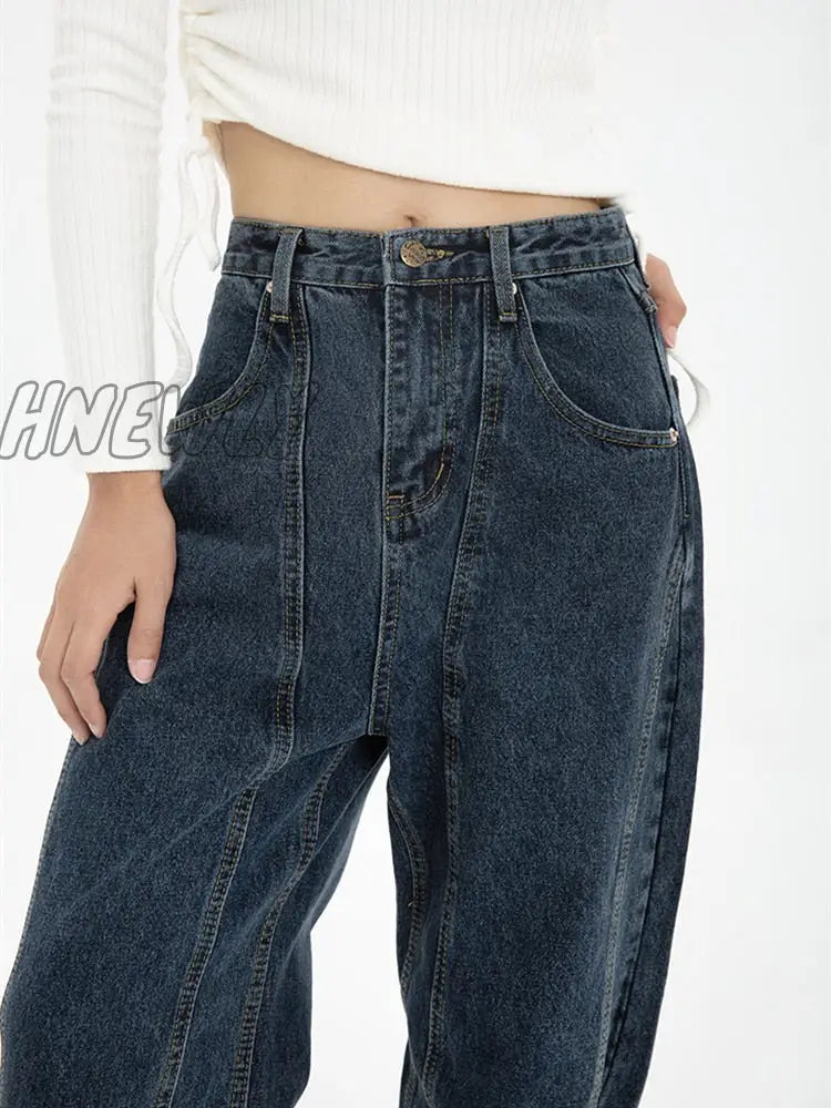 Hnewly Dark Blue Womens Jeans High Waist Vintage Straight Baggy Denim Pants Streetwear American