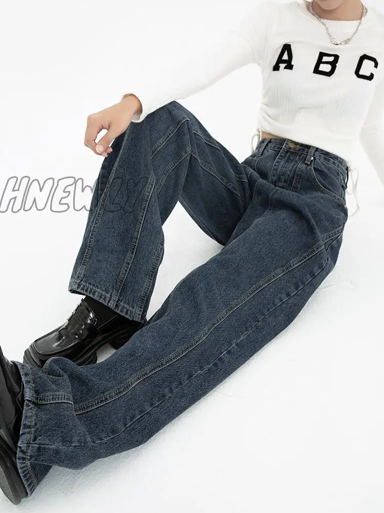 Hnewly Dark Blue Womens Jeans High Waist Vintage Straight Baggy Denim Pants Streetwear American