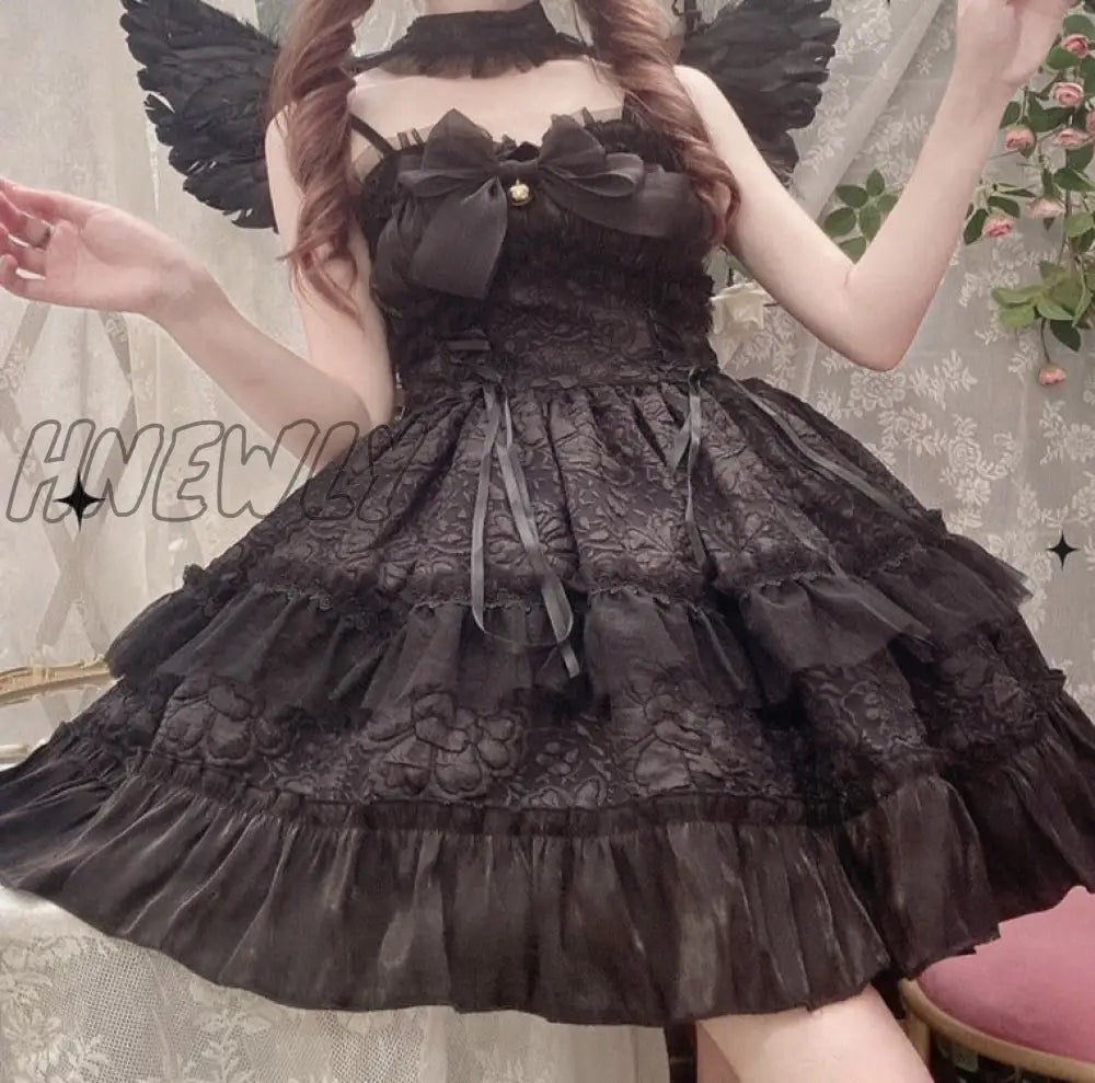 Hnewly Dark Gothic Lolita Jsk Dress Women Kawai Bow Lace Y2K Sleeveless Bandage Slip Dresses Girl