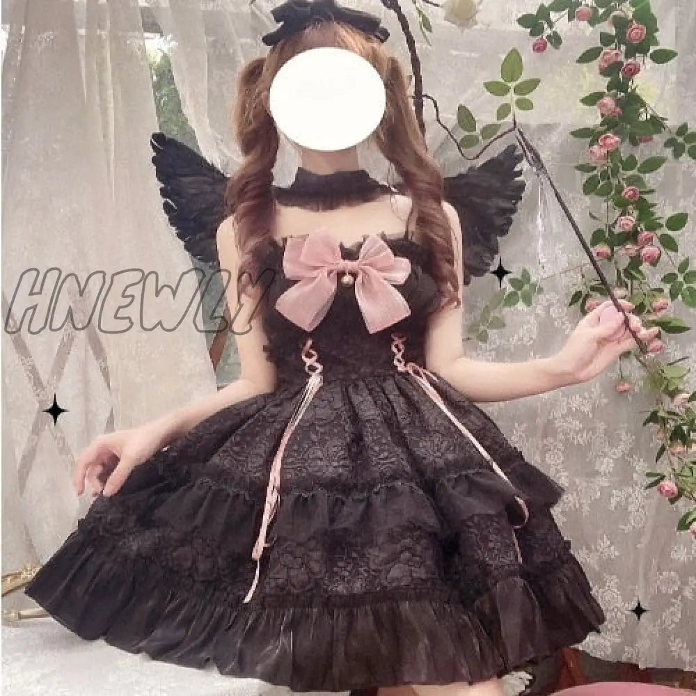 Hnewly Dark Gothic Lolita Jsk Dress Women Kawai Bow Lace Y2K Sleeveless Bandage Slip Dresses Girl