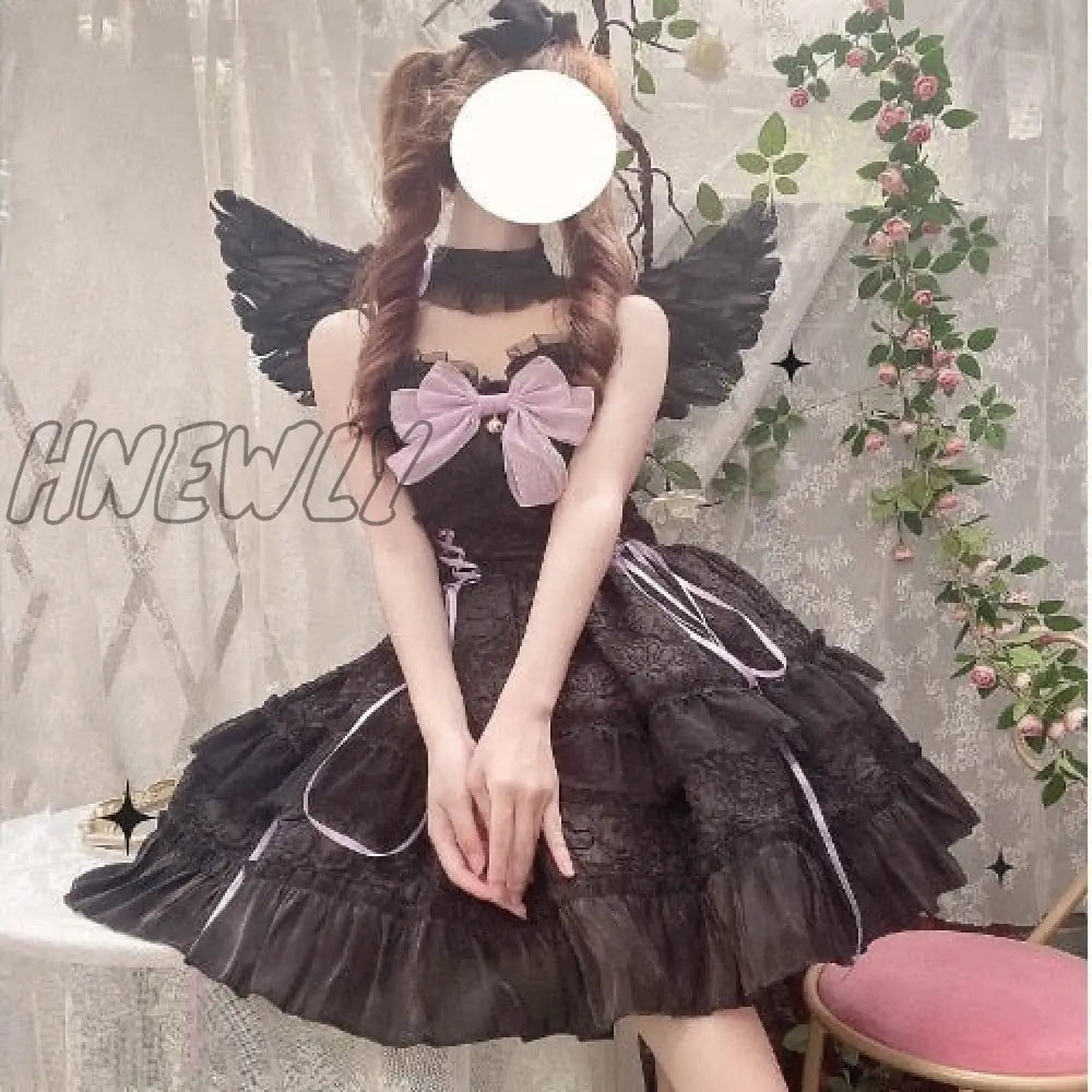 Hnewly Dark Gothic Lolita Jsk Dress Women Kawai Bow Lace Y2K Sleeveless Bandage Slip Dresses Girl