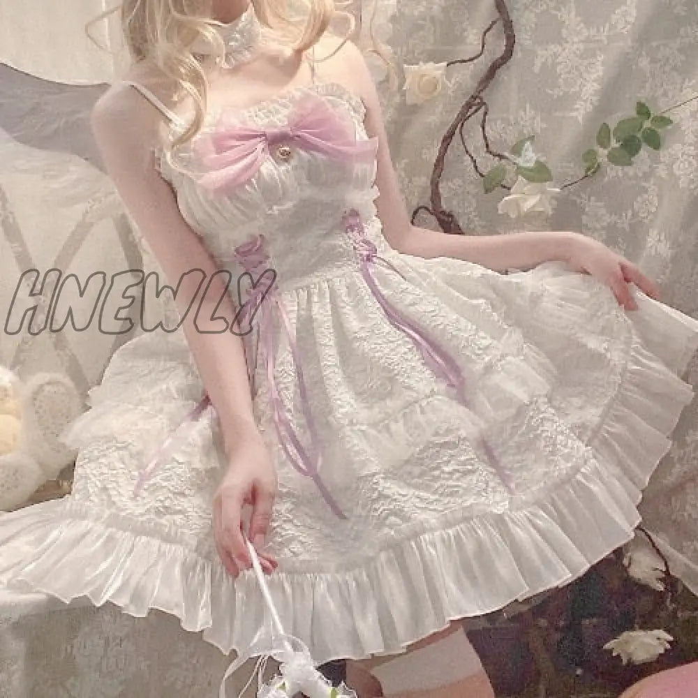 Hnewly Dark Gothic Lolita Jsk Dress Women Kawai Bow Lace Y2K Sleeveless Bandage Slip Dresses Girl