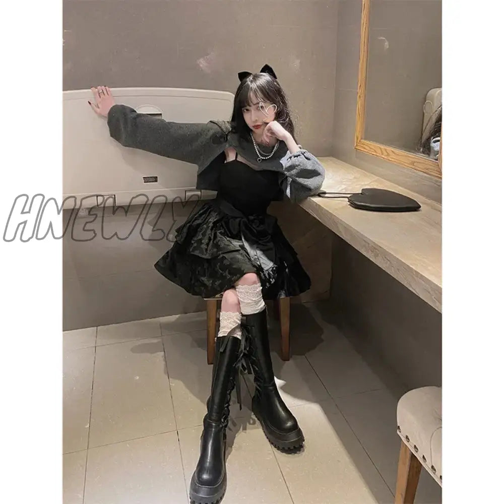 Hnewly Dark Sling Dress Women Sleeveless Temperament Bodycon Dress＋Korean Fashion Coat Woman