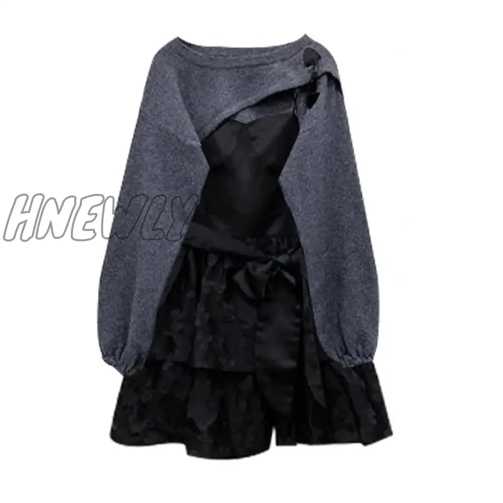 Hnewly Dark Sling Dress Women Sleeveless Temperament Bodycon Dress＋Korean Fashion Coat Woman