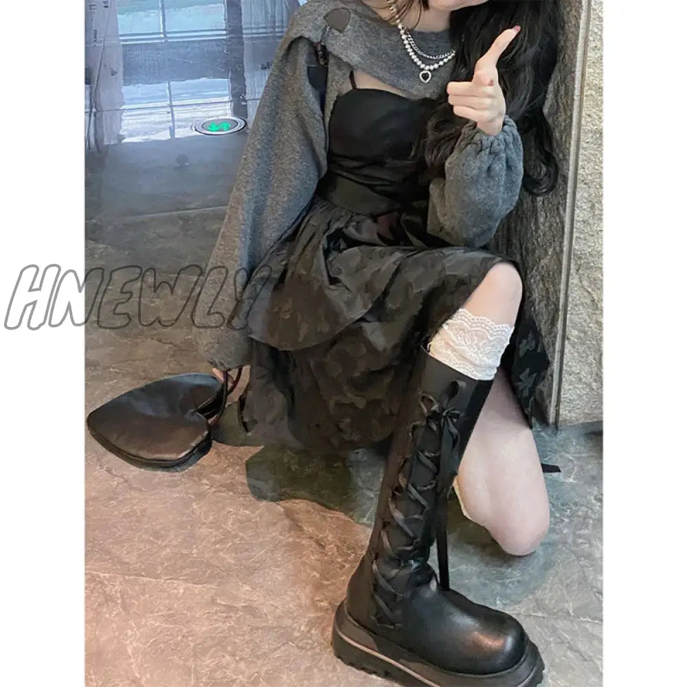 Hnewly Dark Sling Dress Women Sleeveless Temperament Bodycon Dress＋Korean Fashion Coat Woman