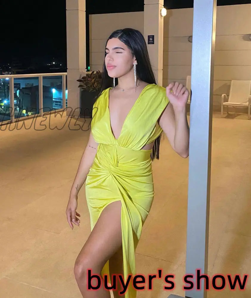 Hnewly Deep V Neck Women Bodycon Dress Sexy Backless Midi Split Green Summer Sleeveless Beach