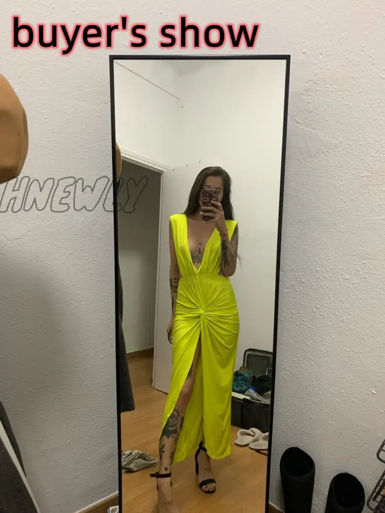 Hnewly Deep V Neck Women Bodycon Dress Sexy Backless Midi Split Green Summer Sleeveless Beach