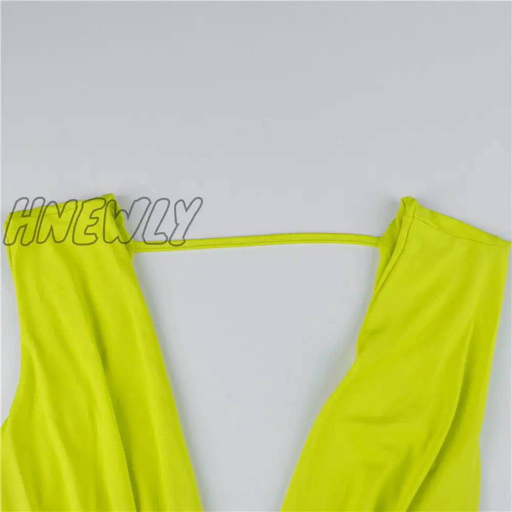 Hnewly Deep V Neck Women Bodycon Dress Sexy Backless Midi Split Green Summer Sleeveless Beach