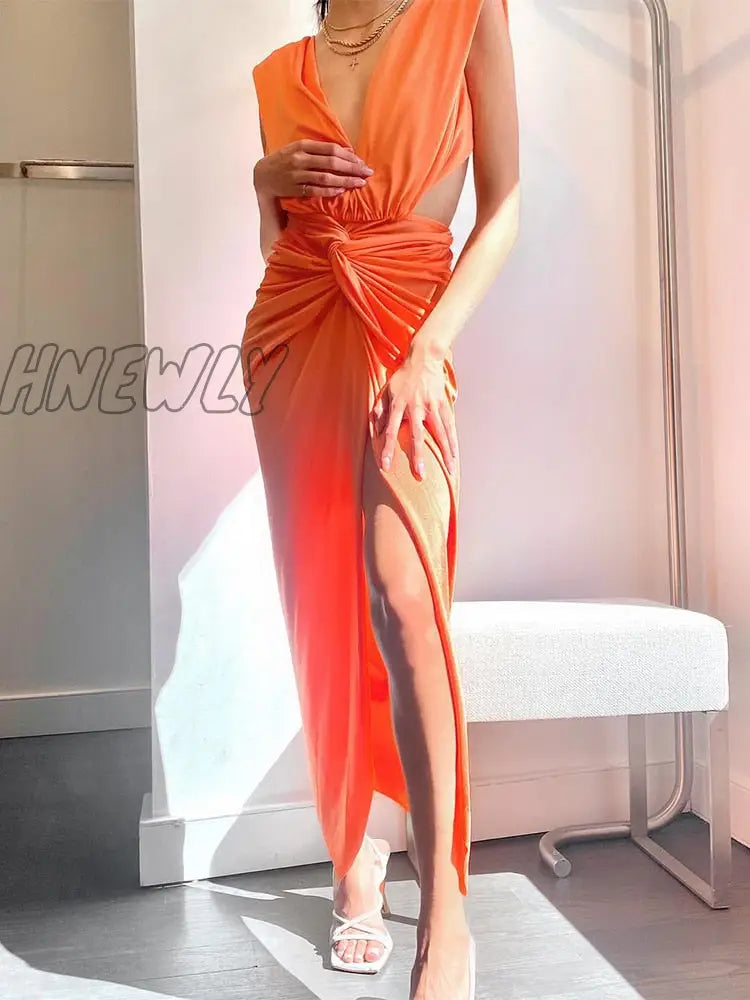 Hnewly Deep V Neck Women Bodycon Dress Sexy Backless Midi Split Green Summer Sleeveless Beach