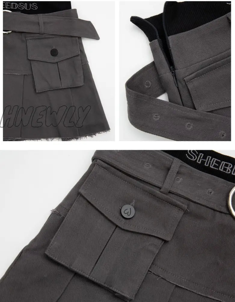 Hnewly Denim Cargo Skirt Women Vintage High Waist Pocket Belt Pleated Mini Sexy Fake Two-Piece