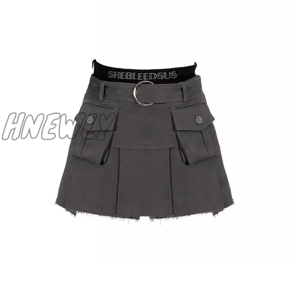 Hnewly Denim Cargo Skirt Women Vintage High Waist Pocket Belt Pleated Mini Sexy Fake Two-Piece