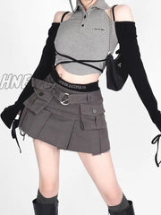 Hnewly Denim Cargo Skirt Women Vintage High Waist Pocket Belt Pleated Mini Sexy Fake Two-Piece