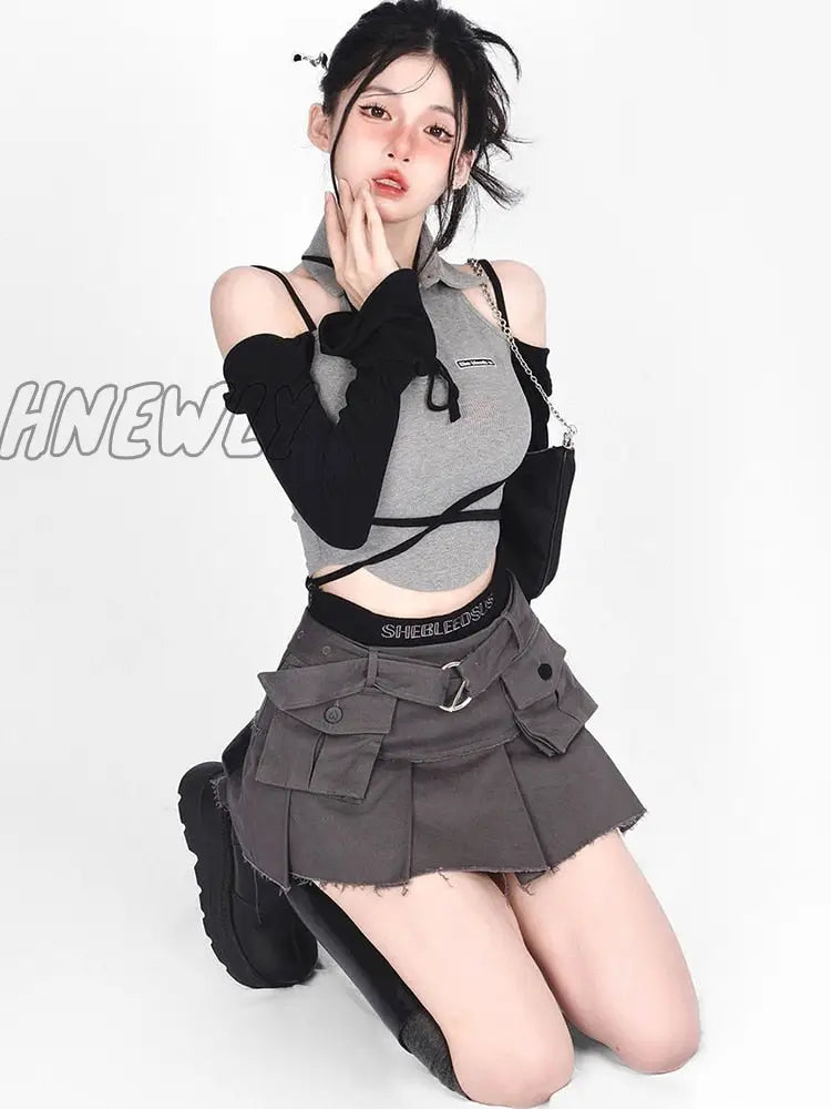 Hnewly Denim Cargo Skirt Women Vintage High Waist Pocket Belt Pleated Mini Sexy Fake Two-Piece