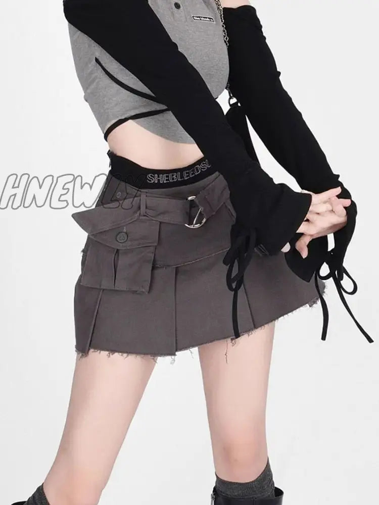Hnewly Denim Cargo Skirt Women Vintage High Waist Pocket Belt Pleated Mini Sexy Fake Two-Piece