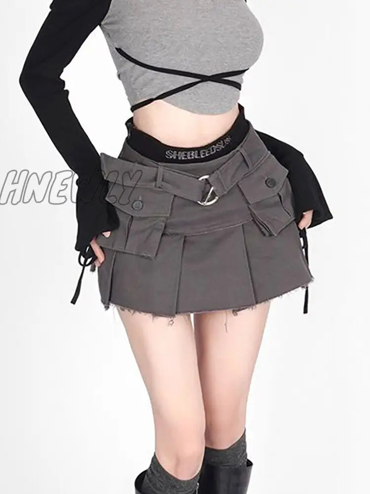 Hnewly Denim Cargo Skirt Women Vintage High Waist Pocket Belt Pleated Mini Sexy Fake Two-Piece