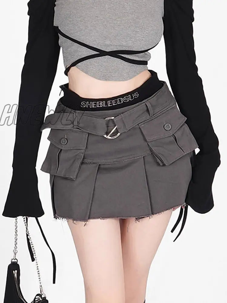 Hnewly Denim Cargo Skirt Women Vintage High Waist Pocket Belt Pleated Mini Sexy Fake Two-Piece