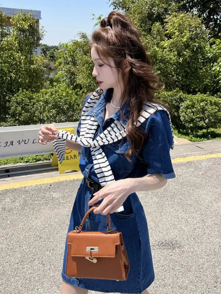 Hnewly Denim Mini Dress Women Korean Style Casual Pocket Patchwork Button Belt Short Sleeve Chic