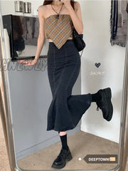 Hnewly Denim Slit Long Skirt Women Korean Fashion Vintage High Waist Bodycon Ruffles Mermaid Midi