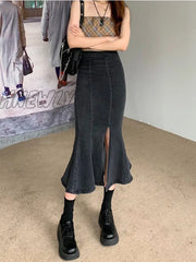 Hnewly Denim Slit Long Skirt Women Korean Fashion Vintage High Waist Bodycon Ruffles Mermaid Midi