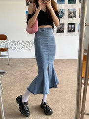 Hnewly Denim Slit Long Skirt Women Korean Fashion Vintage High Waist Bodycon Ruffles Mermaid Midi