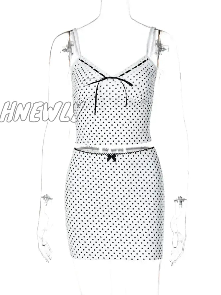 Hnewly Dot Printed V-Neck Vest Mini Skirt Two Piece Set Women Hip Wrap Patchwork Bow Slim Fit