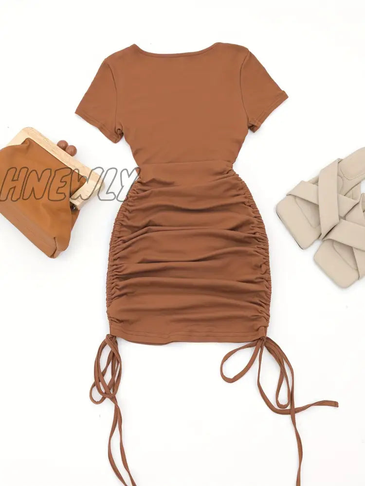 Hnewly Drawstring Cut Out Bodycon Dress Sexy Short Sleeve Ruched For Summer Women’s Clothing