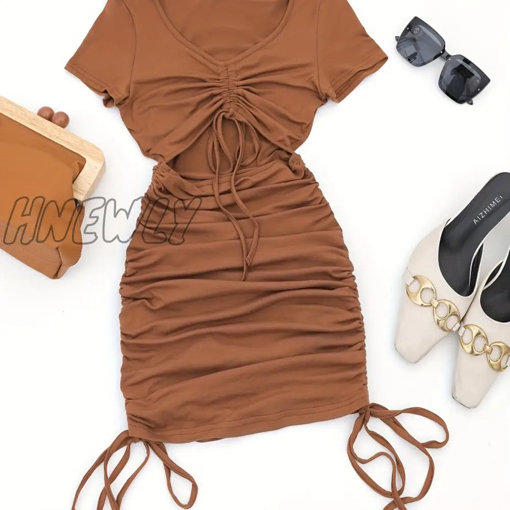 Hnewly Drawstring Cut Out Bodycon Dress Sexy Short Sleeve Ruched For Summer Women’s Clothing