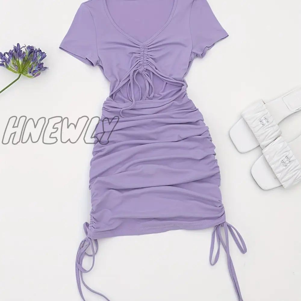 Hnewly Drawstring Cut Out Bodycon Dress Sexy Short Sleeve Ruched For Summer Women’s Clothing