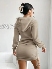 Hnewly Drawstring Hooded Dress Casual Long Sleeve Bodycon Women’s Clothing