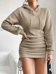 Hnewly Drawstring Hooded Dress Casual Long Sleeve Bodycon Women’s Clothing