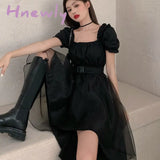 Hnewly Dress Women Sashes Mesh Vintage Solid French Slim Square Collar Trendy Design Party Dance