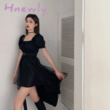 Hnewly Dress Women Sashes Mesh Vintage Solid French Slim Square Collar Trendy Design Party Dance