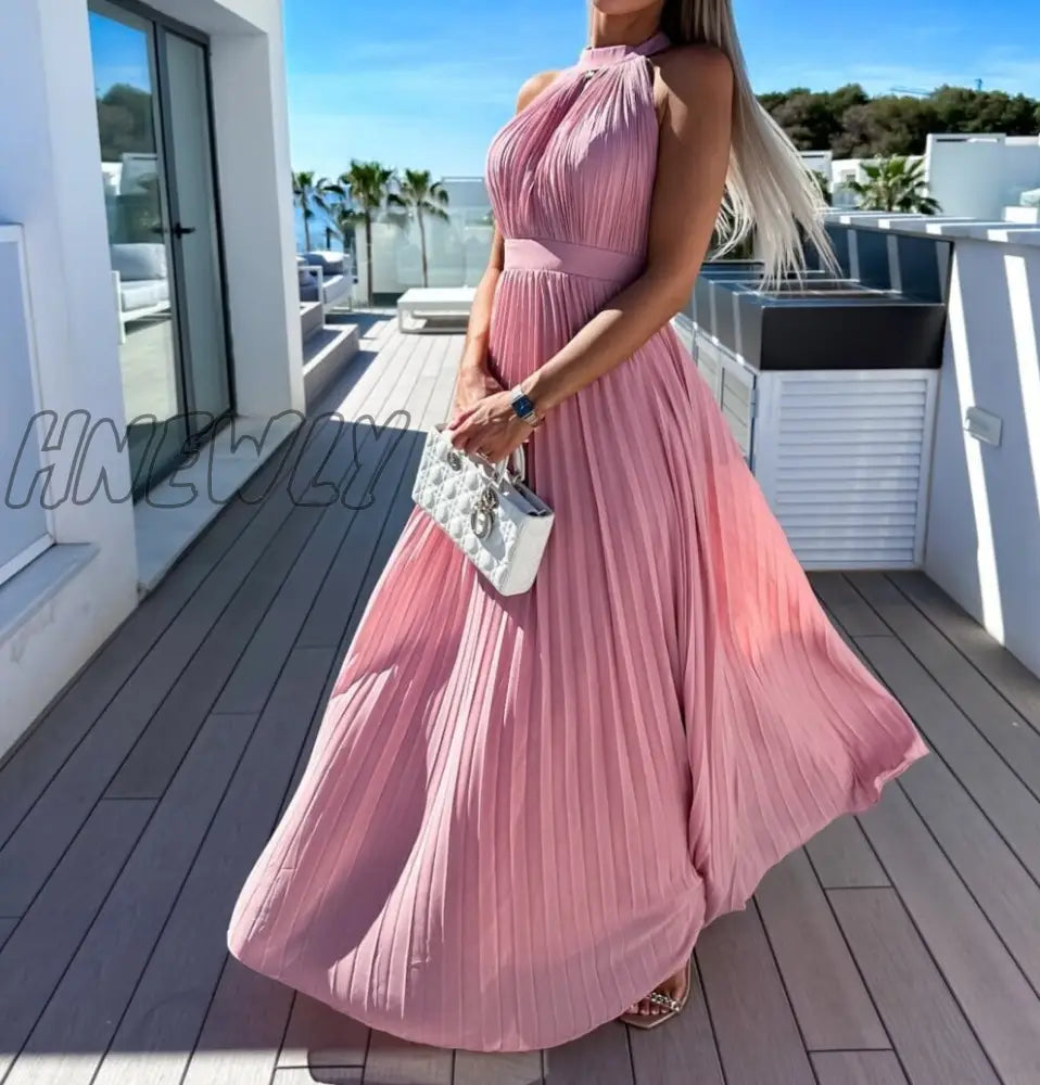 Hnewly Dresses For Women Sexy Solid Hanging Neck Press Pleats Dress Vestidos De Fiesta Elegantes