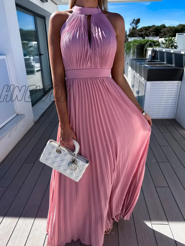Hnewly Dresses For Women Sexy Solid Hanging Neck Press Pleats Dress Vestidos De Fiesta Elegantes