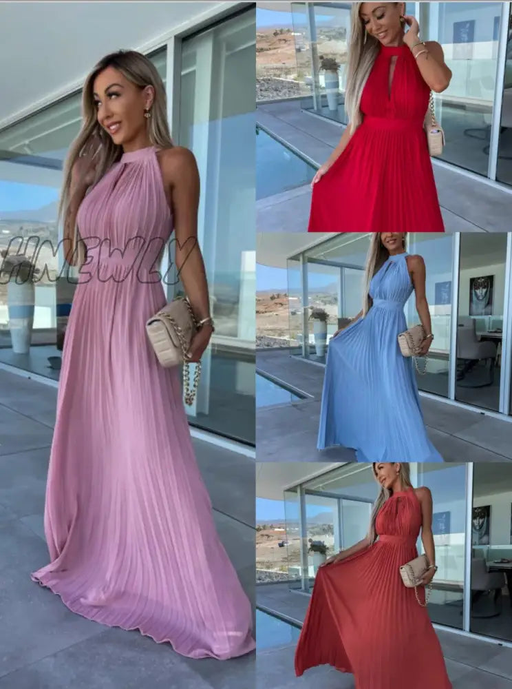 Hnewly Dresses For Women Sexy Solid Hanging Neck Press Pleats Dress Vestidos De Fiesta Elegantes