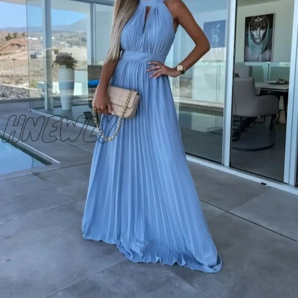 Hnewly Dresses For Women Sexy Solid Hanging Neck Press Pleats Dress Vestidos De Fiesta Elegantes