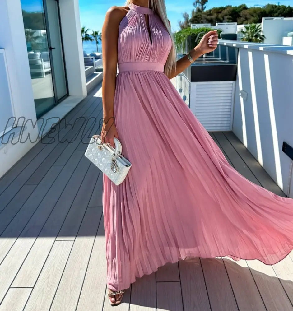 Hnewly Dresses For Women Sexy Solid Hanging Neck Press Pleats Dress Vestidos De Fiesta Elegantes