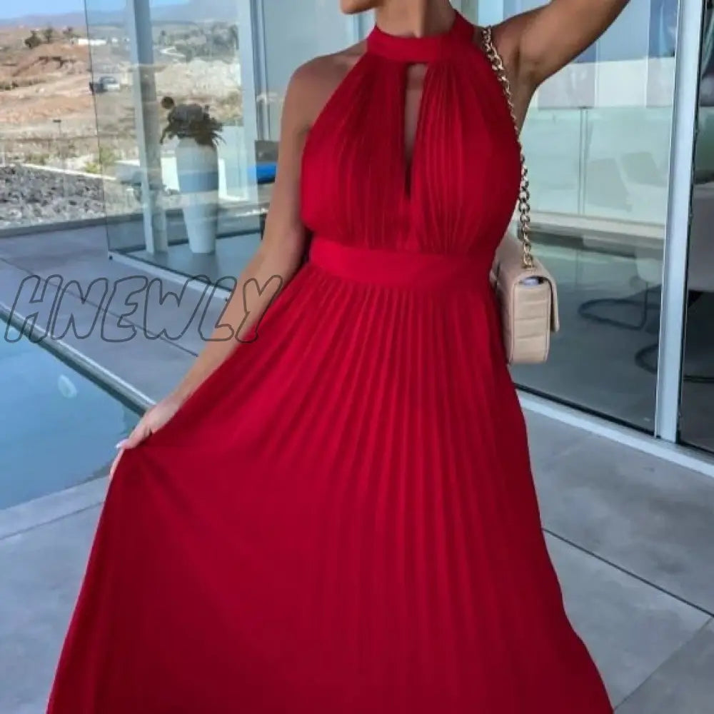 Hnewly Dresses For Women Sexy Solid Hanging Neck Press Pleats Dress Vestidos De Fiesta Elegantes