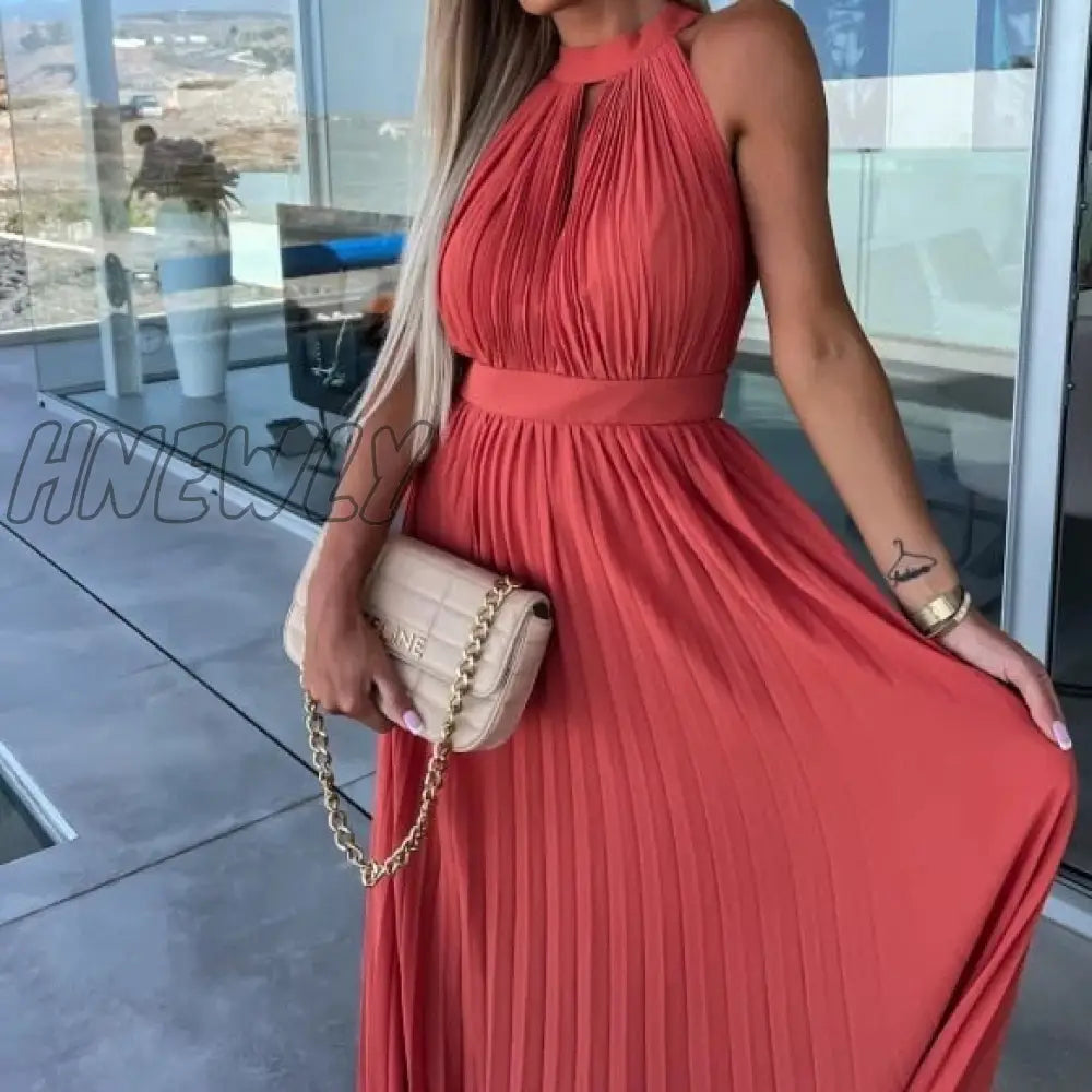 Hnewly Dresses For Women Sexy Solid Hanging Neck Press Pleats Dress Vestidos De Fiesta Elegantes