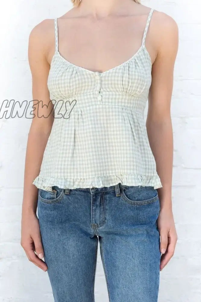 Hnewly E-Girl Aesthetic Women Summer Camisoles Solid/Plaid Sleeveless V Neck Ruffle Hem Sling Tops
