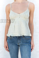 Hnewly E-Girl Aesthetic Women Summer Camisoles Solid/Plaid Sleeveless V Neck Ruffle Hem Sling Tops