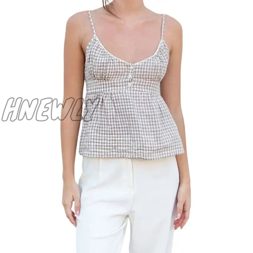 Hnewly E-Girl Aesthetic Women Summer Camisoles Solid/Plaid Sleeveless V Neck Ruffle Hem Sling Tops