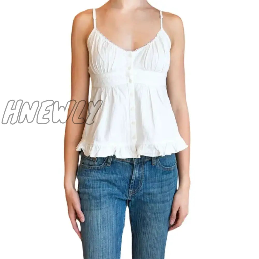 Hnewly E-Girl Aesthetic Women Summer Camisoles Solid/Plaid Sleeveless V Neck Ruffle Hem Sling Tops