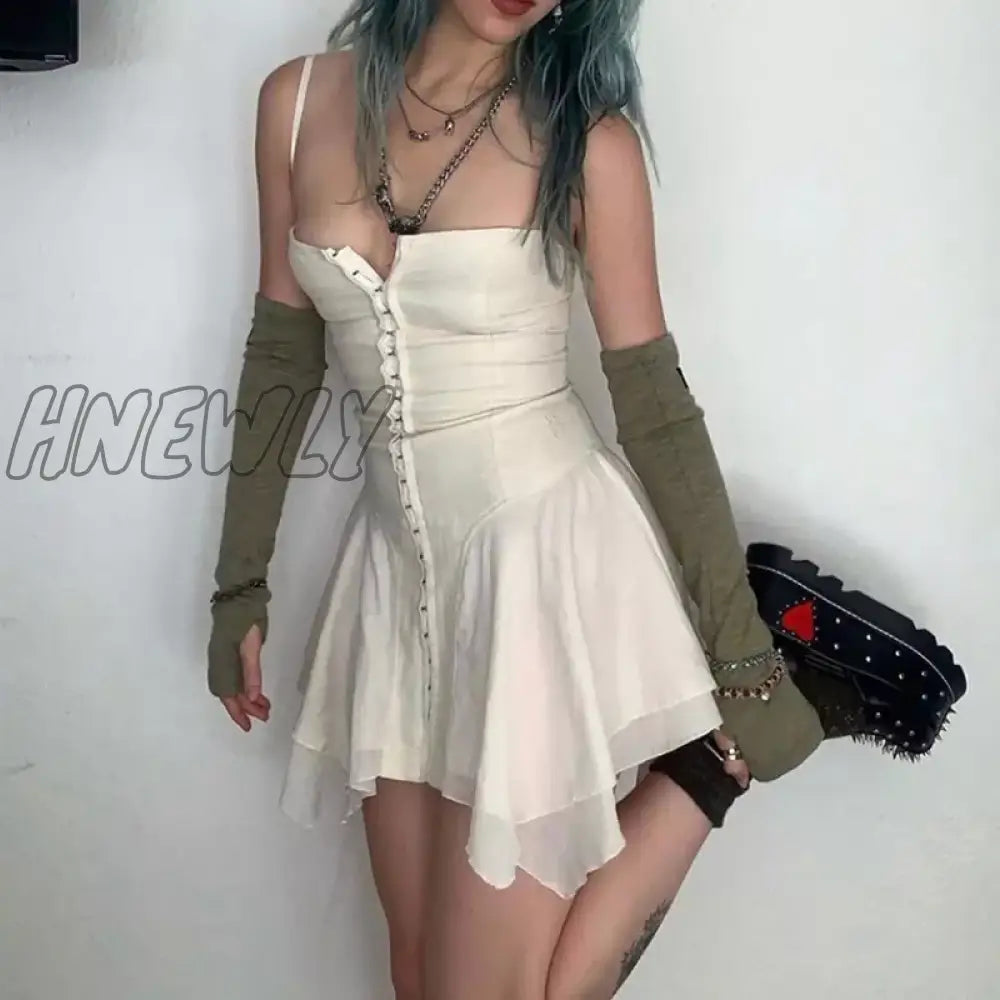 Hnewly E-Girl Harajuku Grunge Mini Dress Y2K Aesthetics Fairy Sexy Low Cut Front Hook Irregular Hem